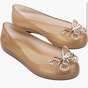 Mini Melissa Girls Gold Sparkle Flats with Butterfly Accent